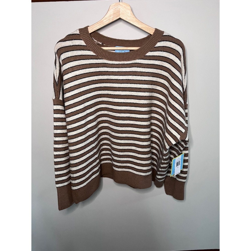 CeCe‎ Womens Striped Knit Sweater Cocoa Malted Black Drop Shoulder XL C2158S